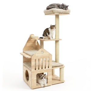 48.5" Multi-Level Solid Wood Cat Tree for Indoor Cats with Padded Top Perch Cat Condo and Sisal Scratching Posts-Beige