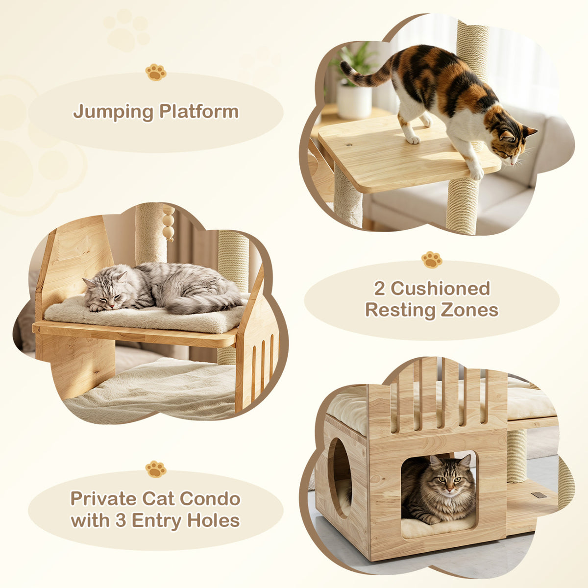 48.5" Multi-Level Solid Wood Cat Tree for Indoor Cats with Padded Top Perch Cat Condo and Sisal Scratching Posts-Beige