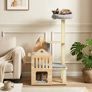 48.5" Multi-Level Solid Wood Cat Tree for Indoor Cats with Padded Top Perch Cat Condo and Sisal Scratching Posts-Gray