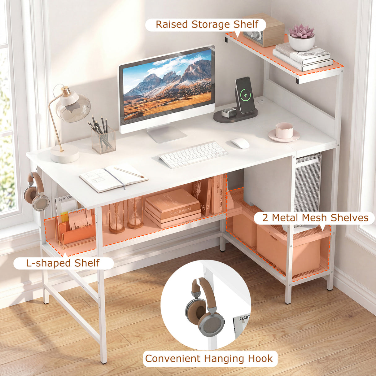 48 Inch Computer Desk with Power Outlets and Storage Shelves-White