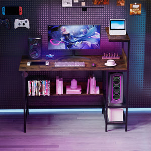 48 Inch Computer Desk with Power Outlets and Storage Shelves-Rustic Brown