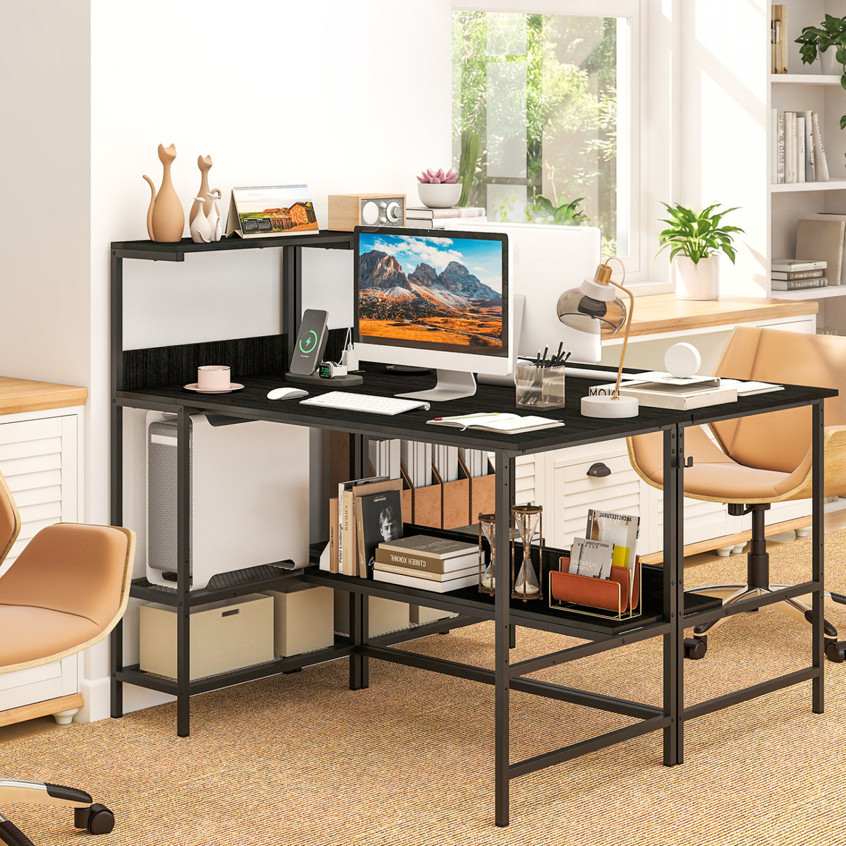 48 Inch Computer Desk with Power Outlets and Storage Shelves-Black