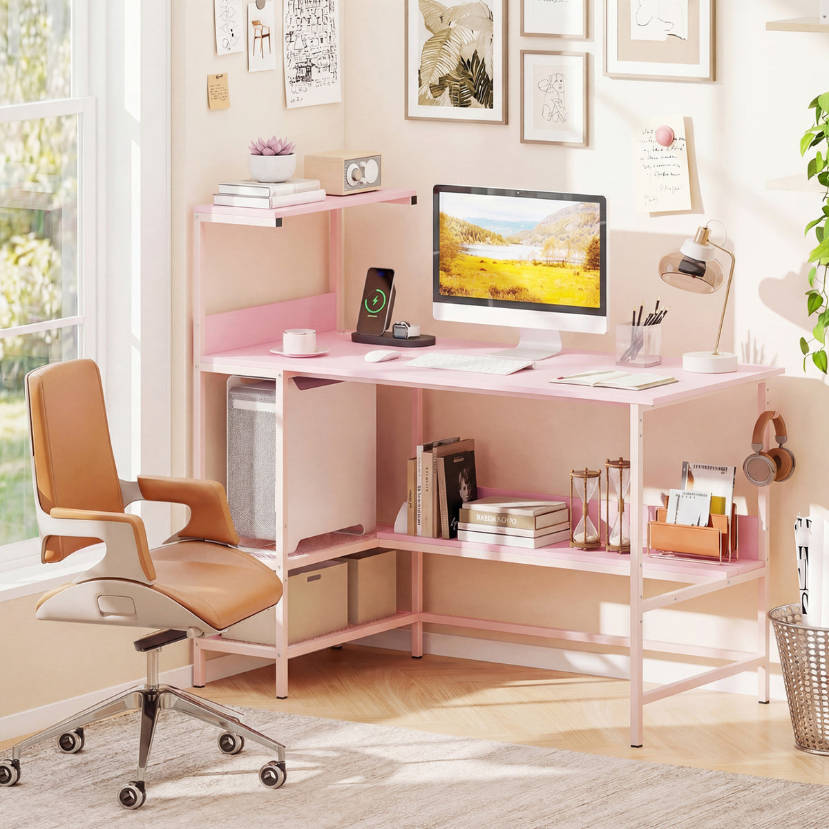 48 Inch Computer Desk with Power Outlets and Storage Shelves-Pink