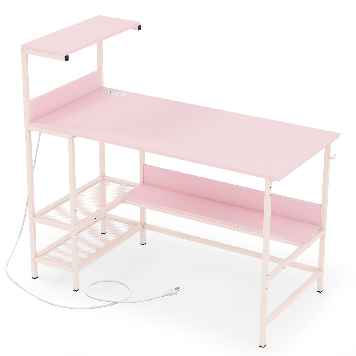 48 Inch Computer Desk with Power Outlets and Storage Shelves-Pink