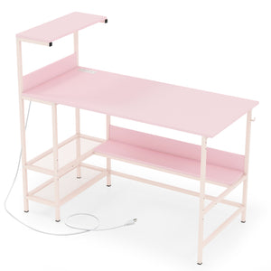 48 Inch Computer Desk with Power Outlets and Storage Shelves-Pink