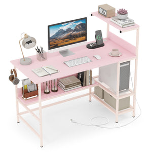 48 Inch Computer Desk with Power Outlets and Storage Shelves-Pink