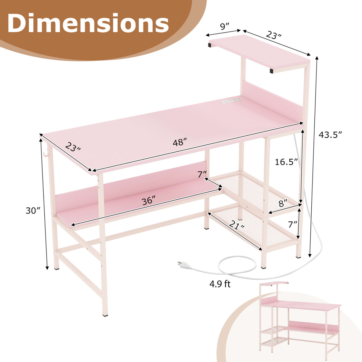 48 Inch Computer Desk with Power Outlets and Storage Shelves-Pink
