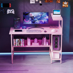 48 Inch Computer Desk with Power Outlets and Storage Shelves-Pink