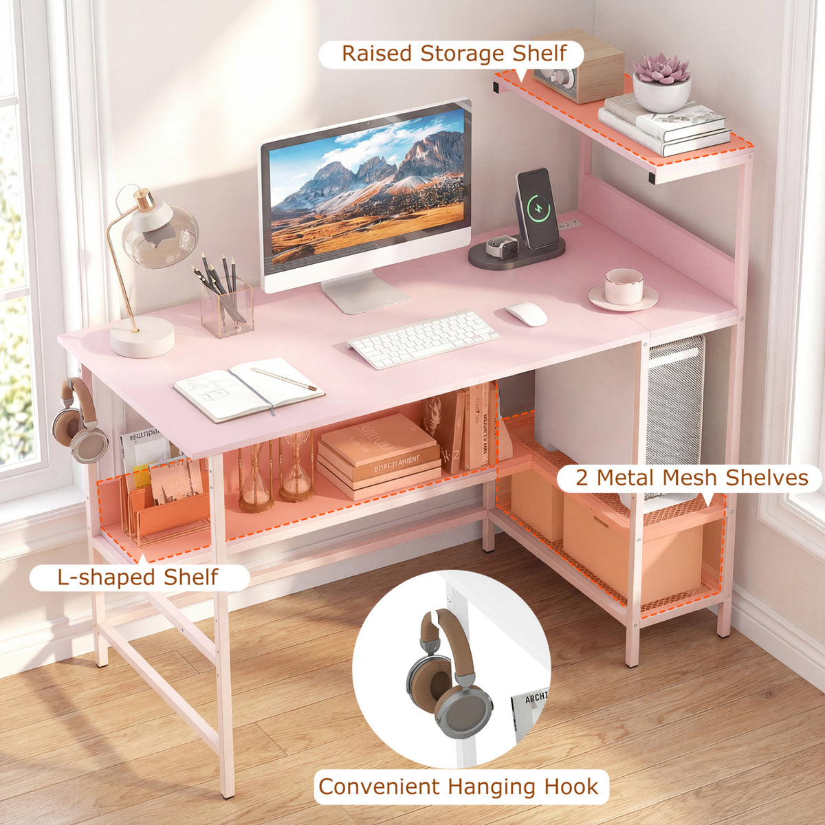 48 Inch Computer Desk with Power Outlets and Storage Shelves-Pink
