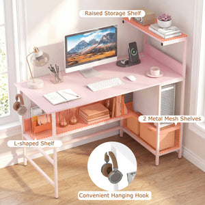 48 Inch Computer Desk with Power Outlets and Storage Shelves-Pink