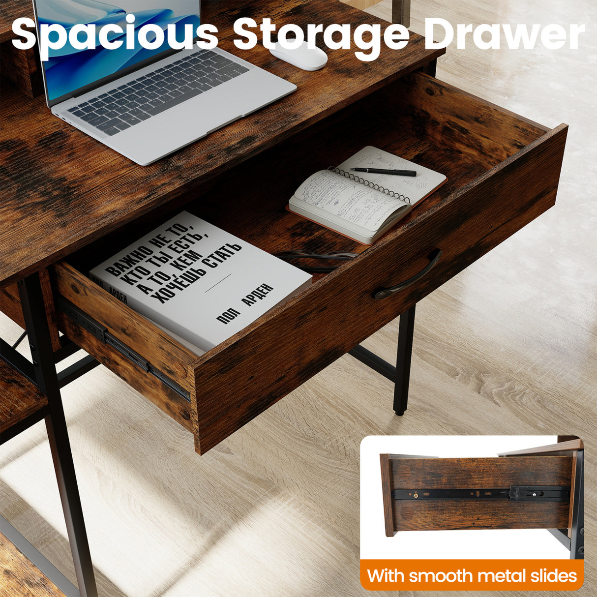 48 Inch Computer Desk with Monitor Stand Drawer and Shelves-Rustic Brown