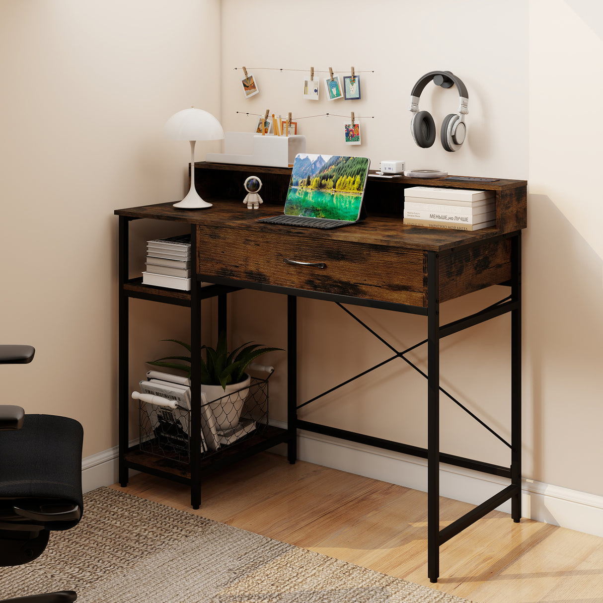 48 Inch Computer Desk with Monitor Stand Drawer and Shelves-Rustic Brown