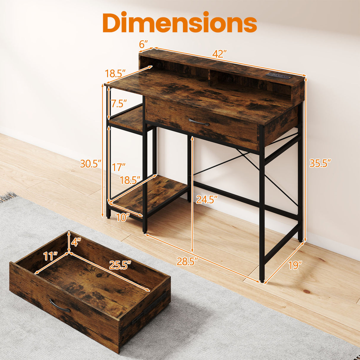 48 Inch Computer Desk with Monitor Stand Drawer and Shelves-Rustic Brown