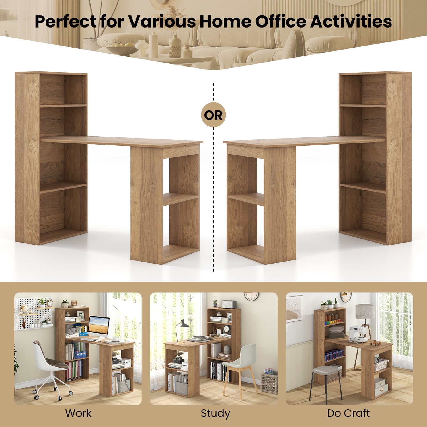 48 Inch Computer Desk with 4-Tier Bookcase and CPU Stand-Natural