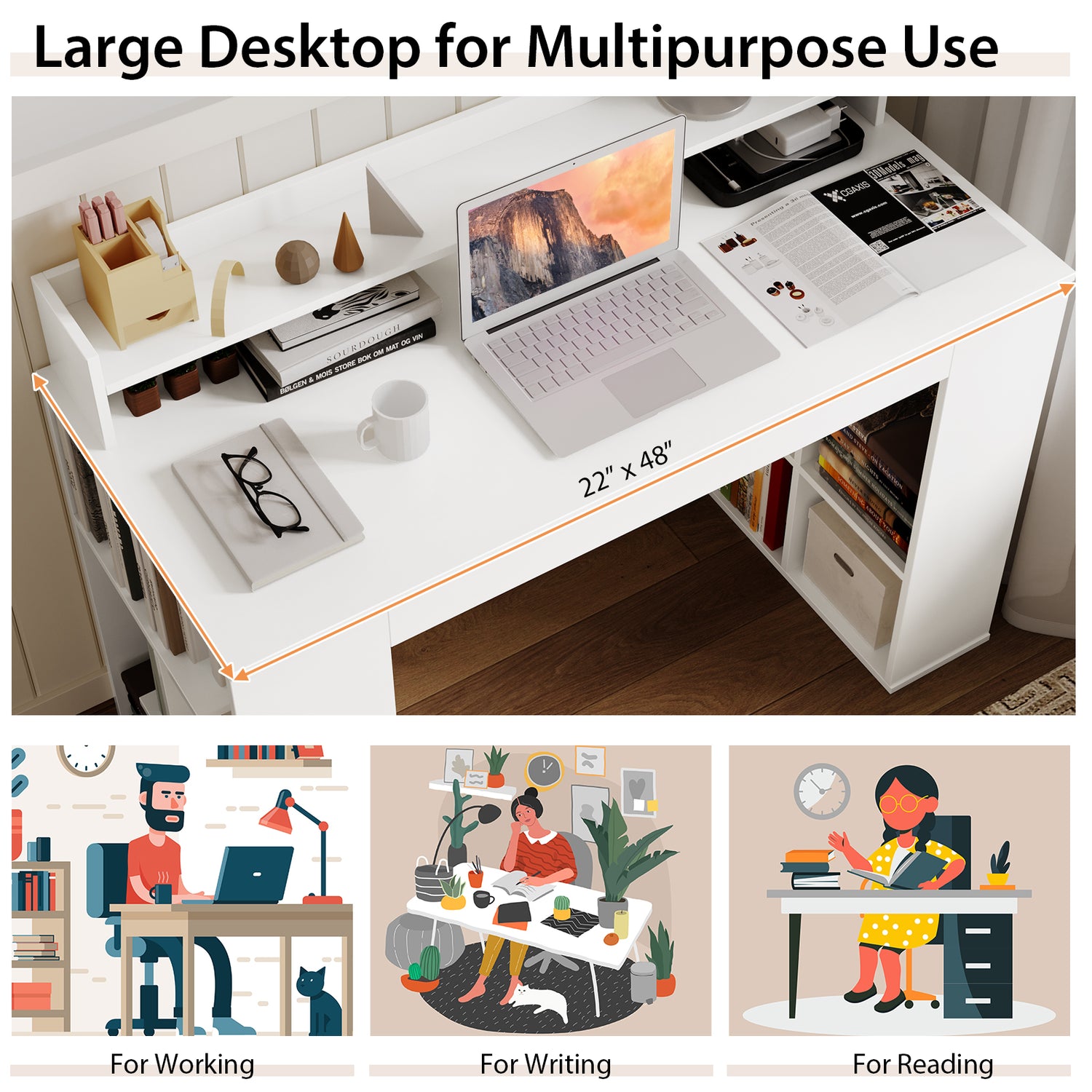Computer Desk with Dual 3-Tier Bookshelf and Monitor Shelf-White