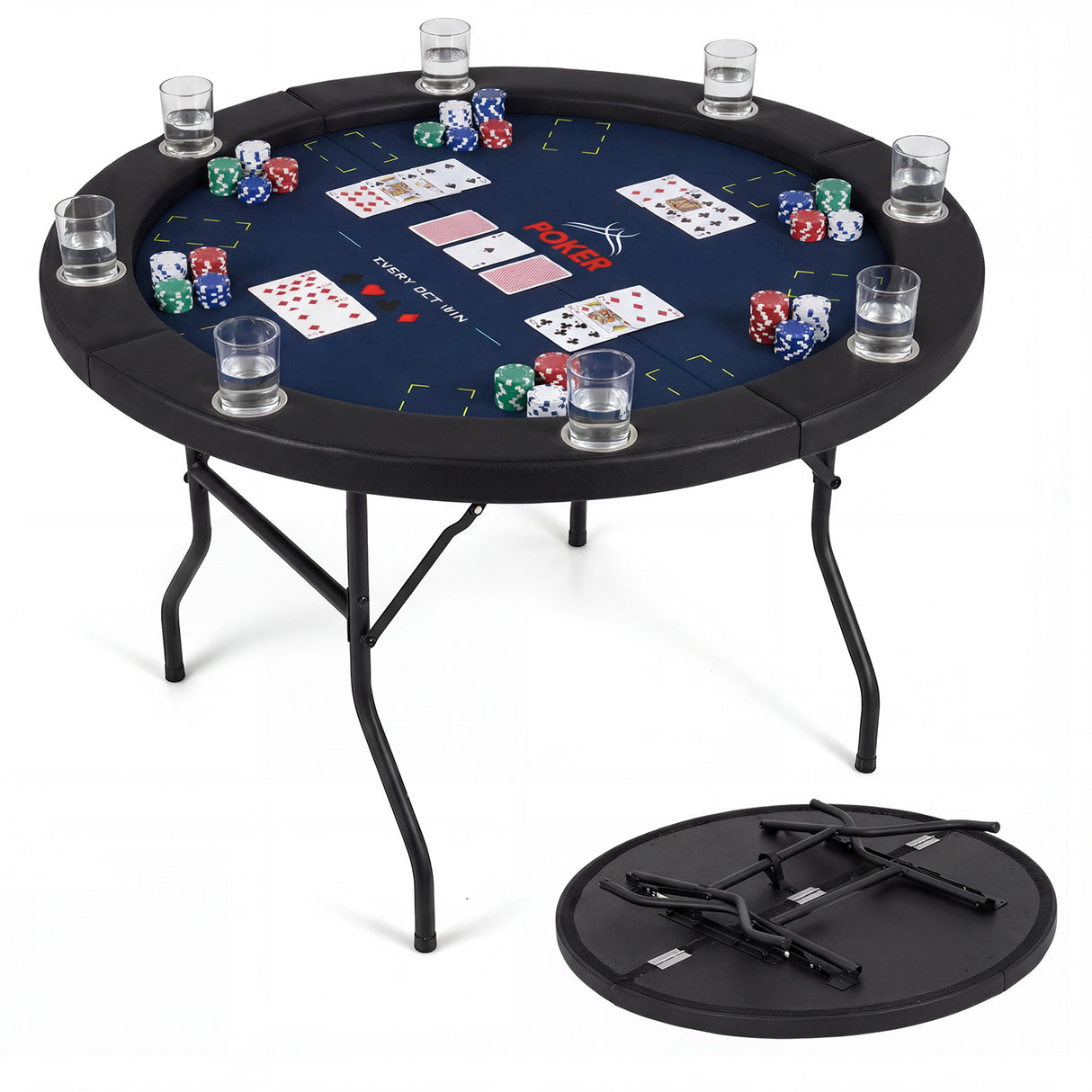 48 Inch Foldable Poker Table with 8 Cup Holders and Padded Edges-Blue