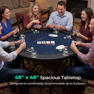 48 Inch Foldable Poker Table with 8 Cup Holders and Padded Edges-Blue