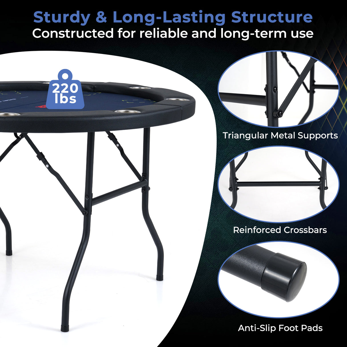 48 Inch Foldable Poker Table with 8 Cup Holders and Padded Edges-Blue
