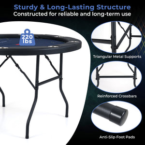 48 Inch Foldable Poker Table with 8 Cup Holders and Padded Edges-Blue