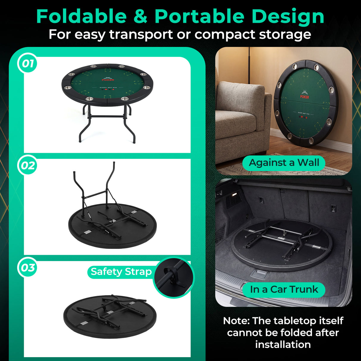 48 Inch Foldable Poker Table with 8 Cup Holders and Padded Edges-Green