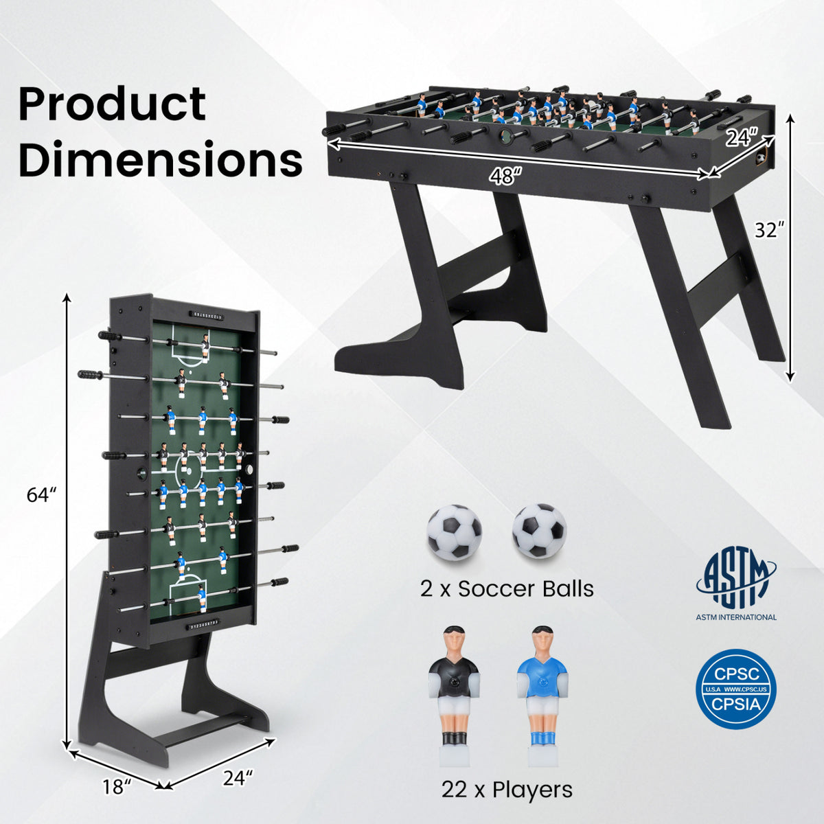 48 Inch Folding Full Competition Size Soccer Table-Black
