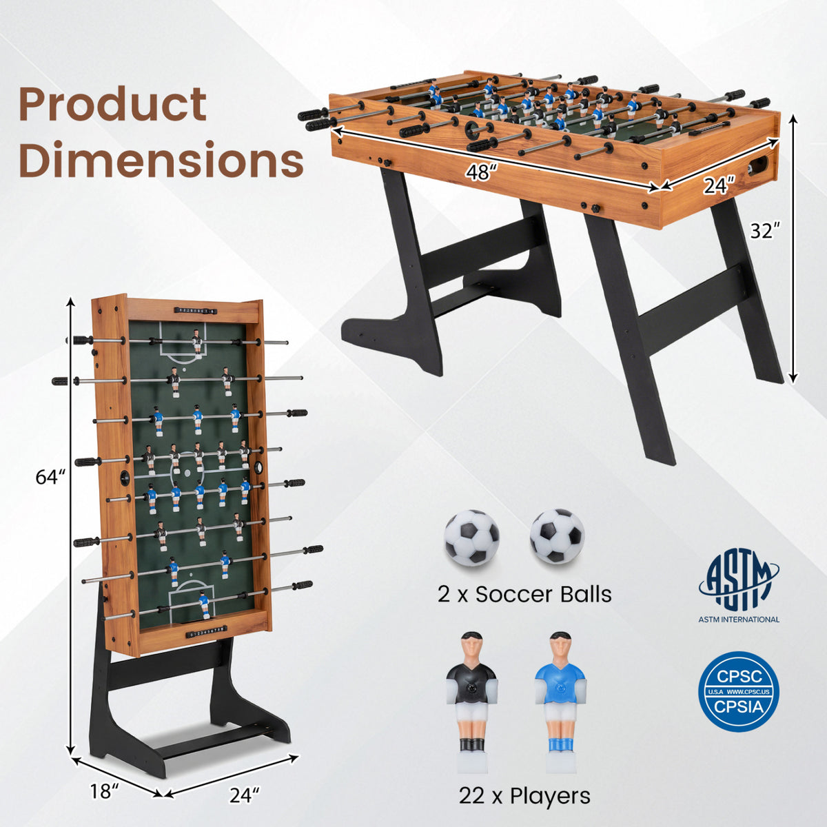 48 Inch Folding Full Competition Size Soccer Table-Natural