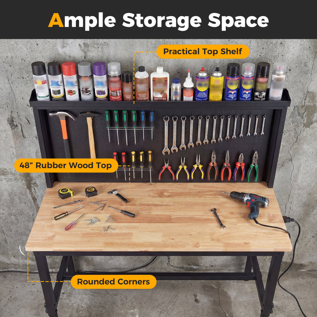 48 Inch Heavy Duty Workbench with AC/USB Outlets and Pegboard-Natural