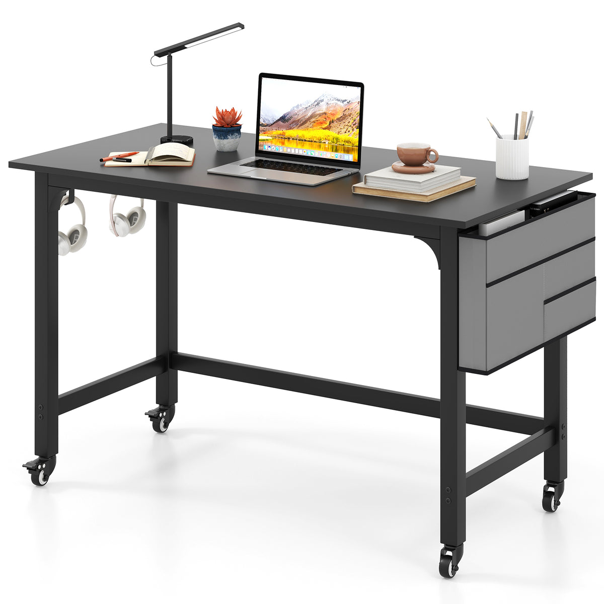 48 Inch Mobile Computer Workstation with 4 Smooth Casters-Black