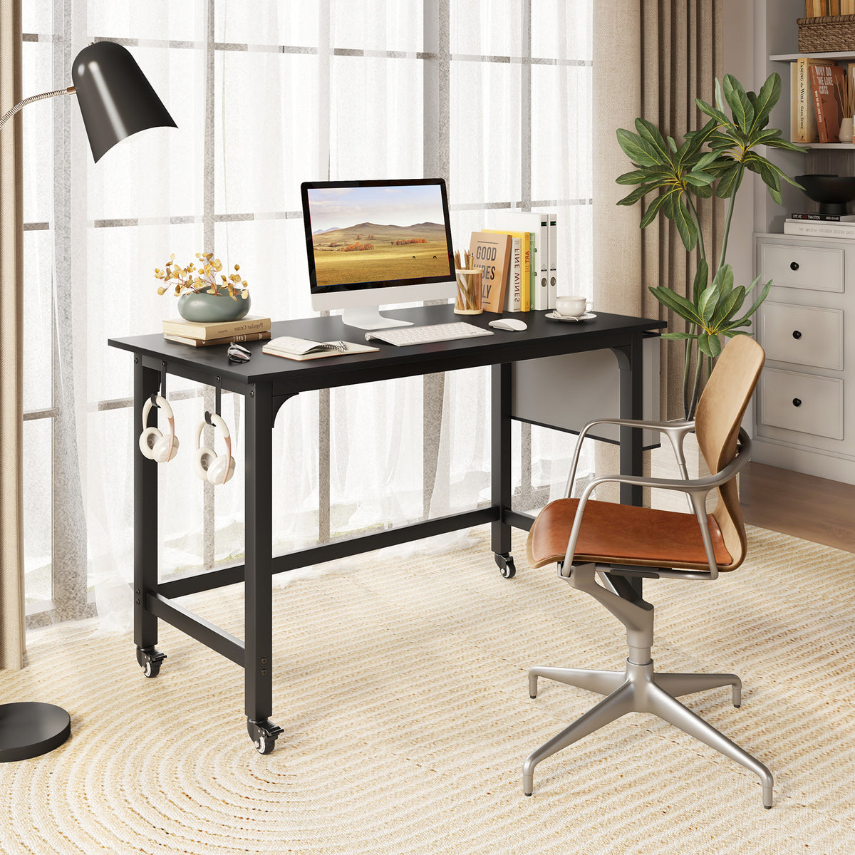 48 Inch Mobile Computer Workstation with 4 Smooth Casters-Black