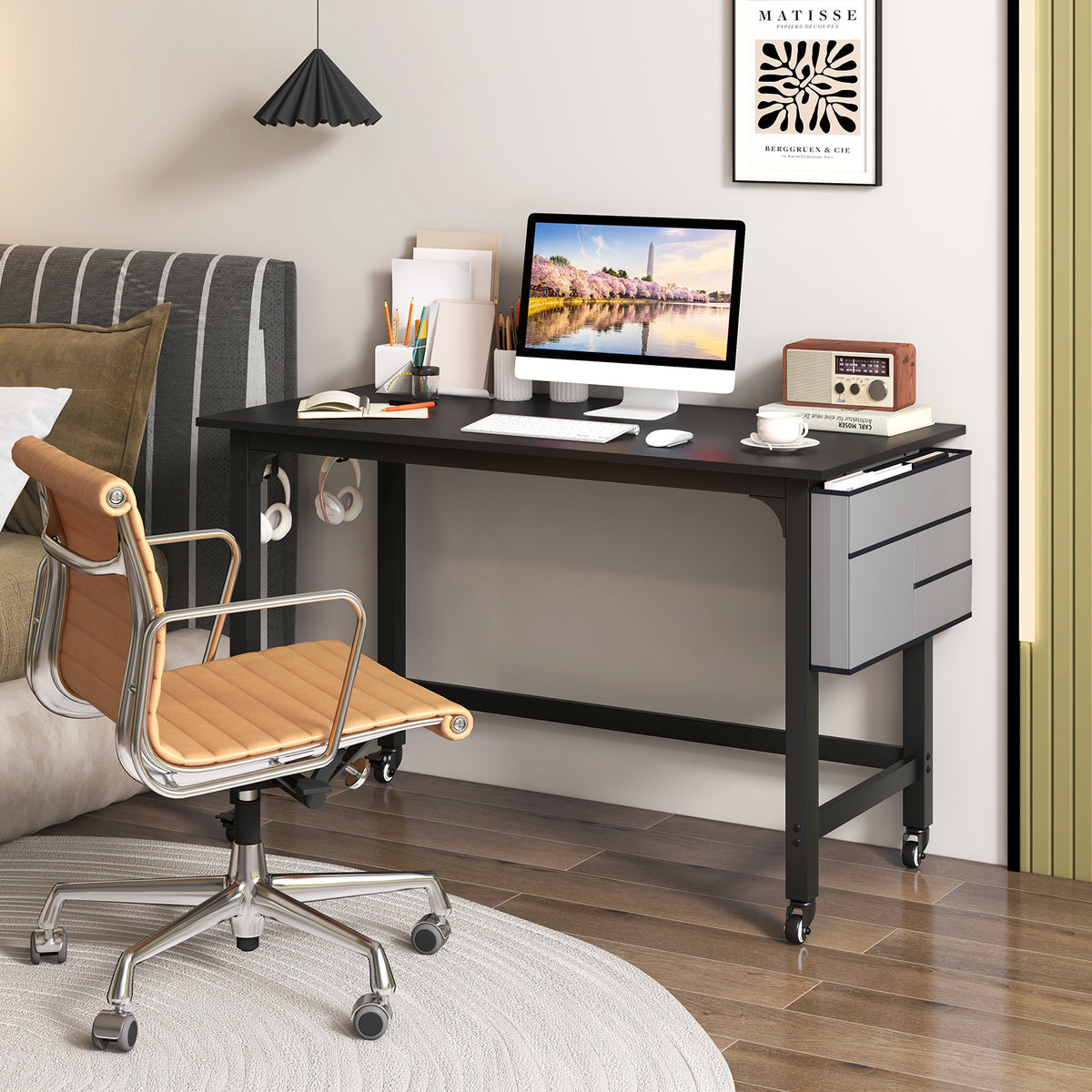 48 Inch Mobile Computer Workstation with 4 Smooth Casters-Black