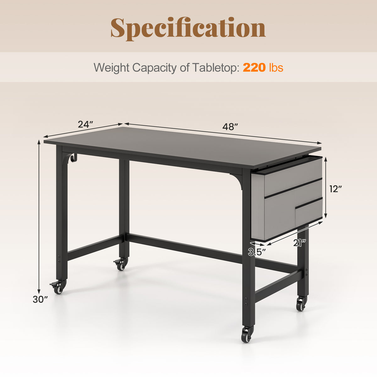 48 Inch Mobile Computer Workstation with 4 Smooth Casters-Black