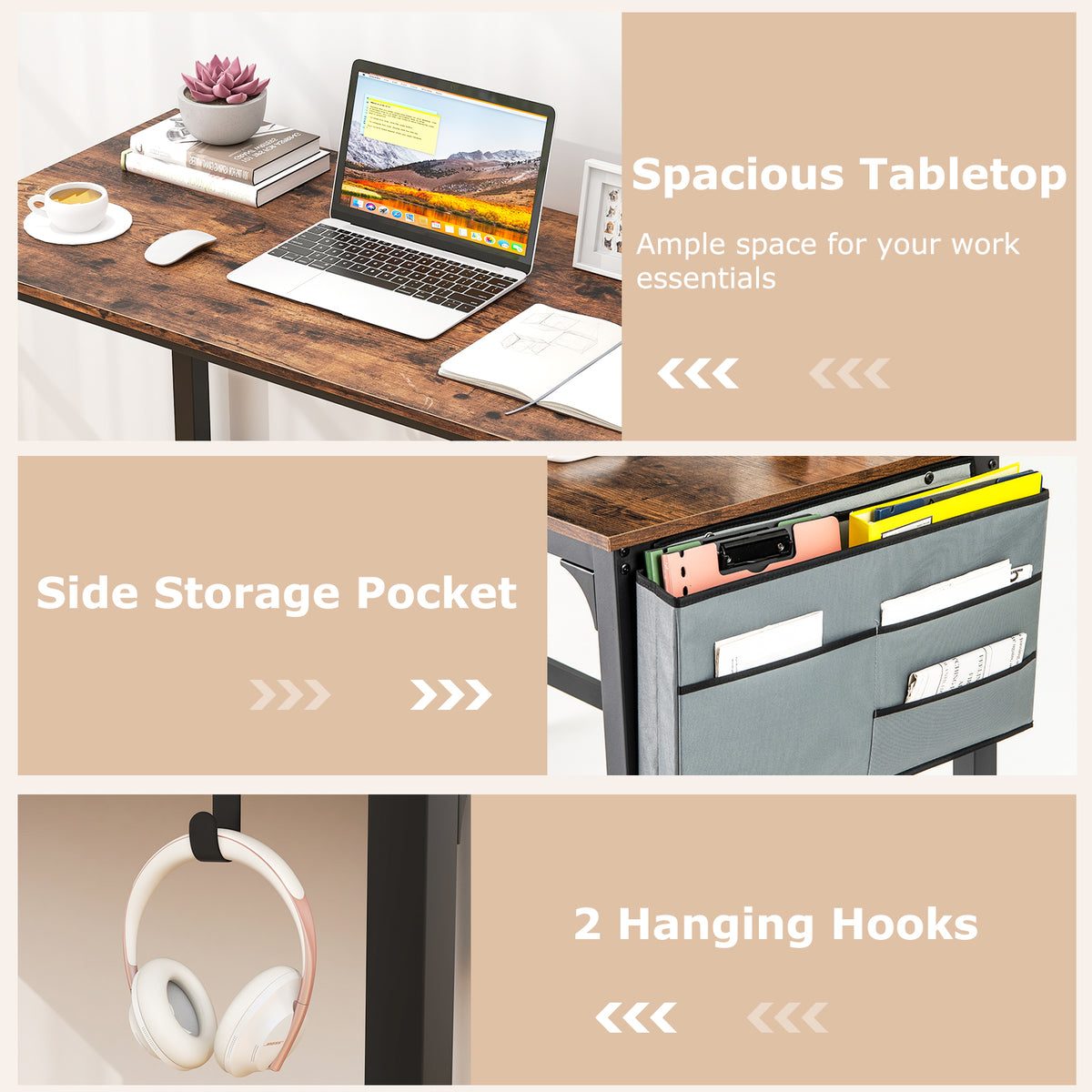 Rolling Home Office Computer Desk with Detachable Fabric Bag-Rustic Brown
