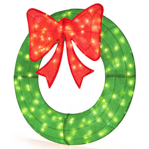 48 Inch Pre-Lit Lighted Christmas Mesh Wreath with Bow and 200 LED Bulbs-Green