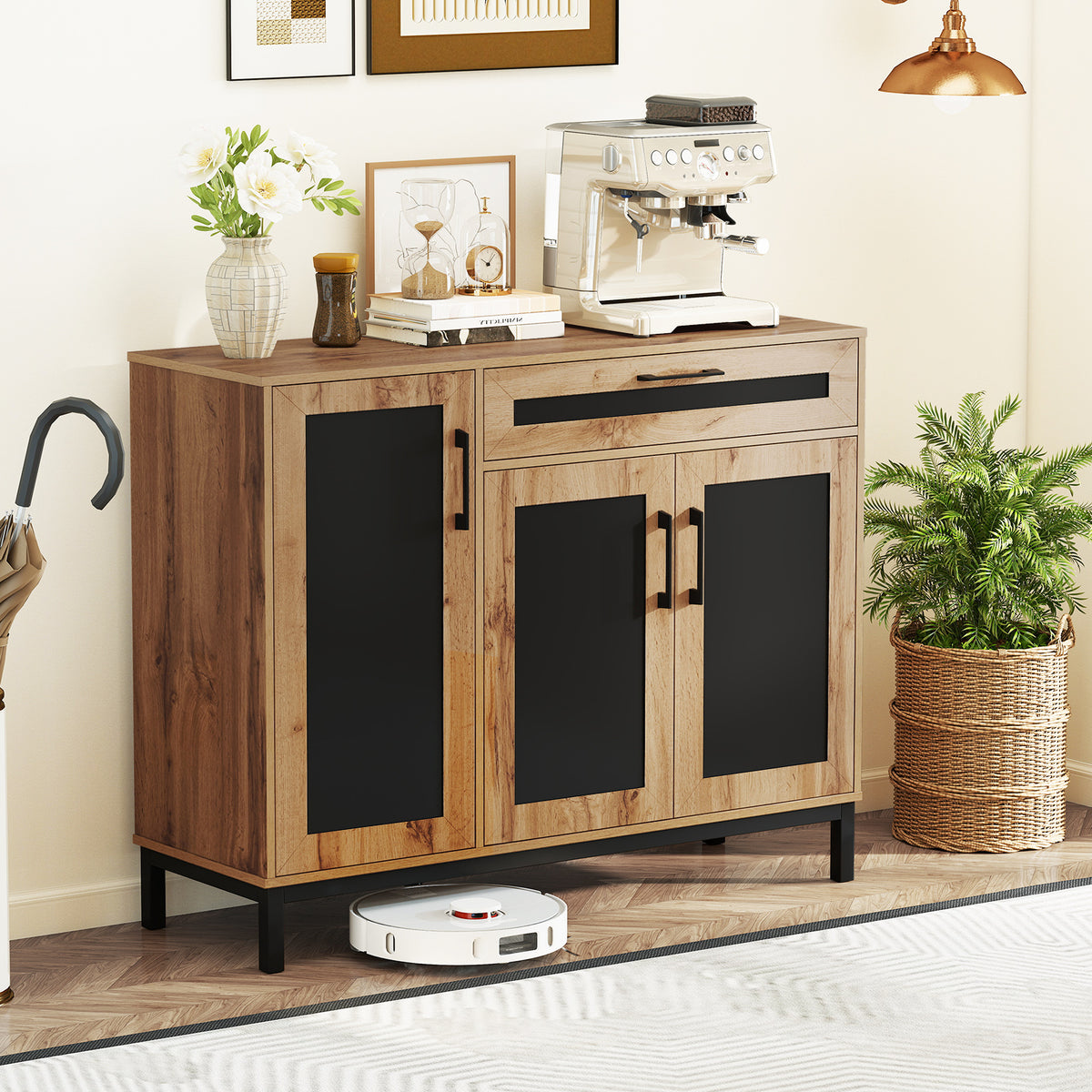 48 Inch Sideboard Buffet Cabinet with Drawer and Metal Legs-Natural