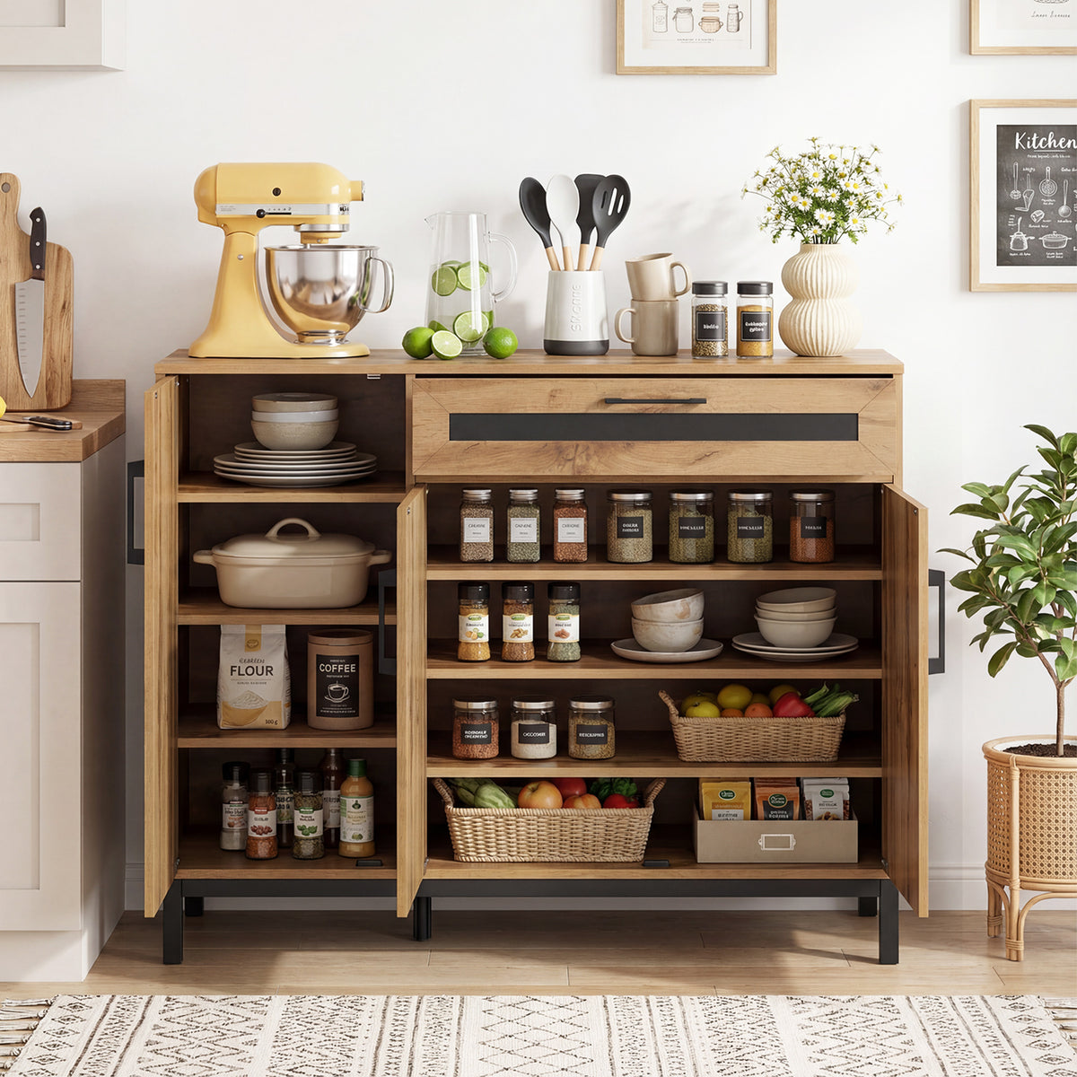 48 Inch Sideboard Buffet Cabinet with Drawer and Metal Legs-Natural
