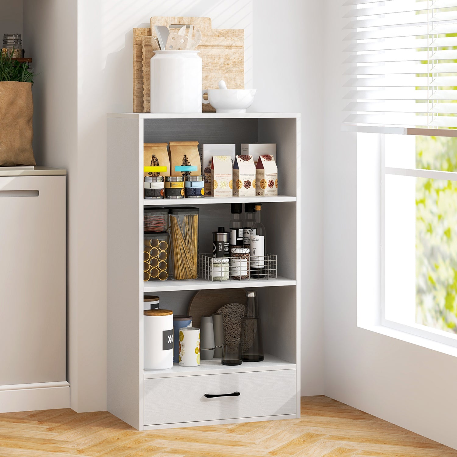 48 Inch Tall 4 Tiers Wood Bookcase with Drawer-White