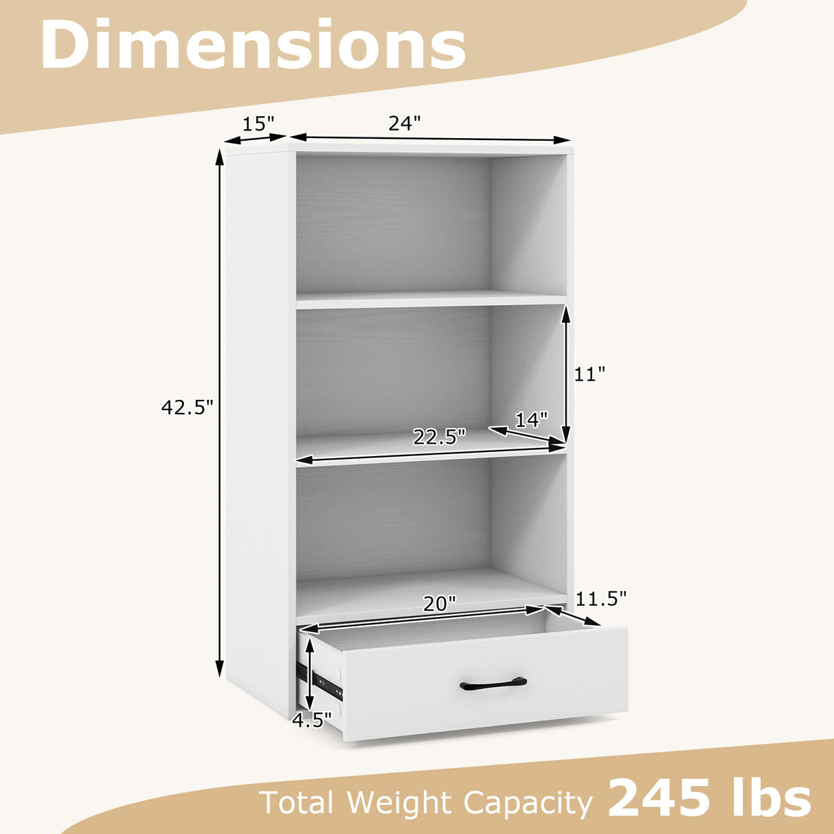 48 Inch Tall 4 Tiers Wood Bookcase with Drawer-White