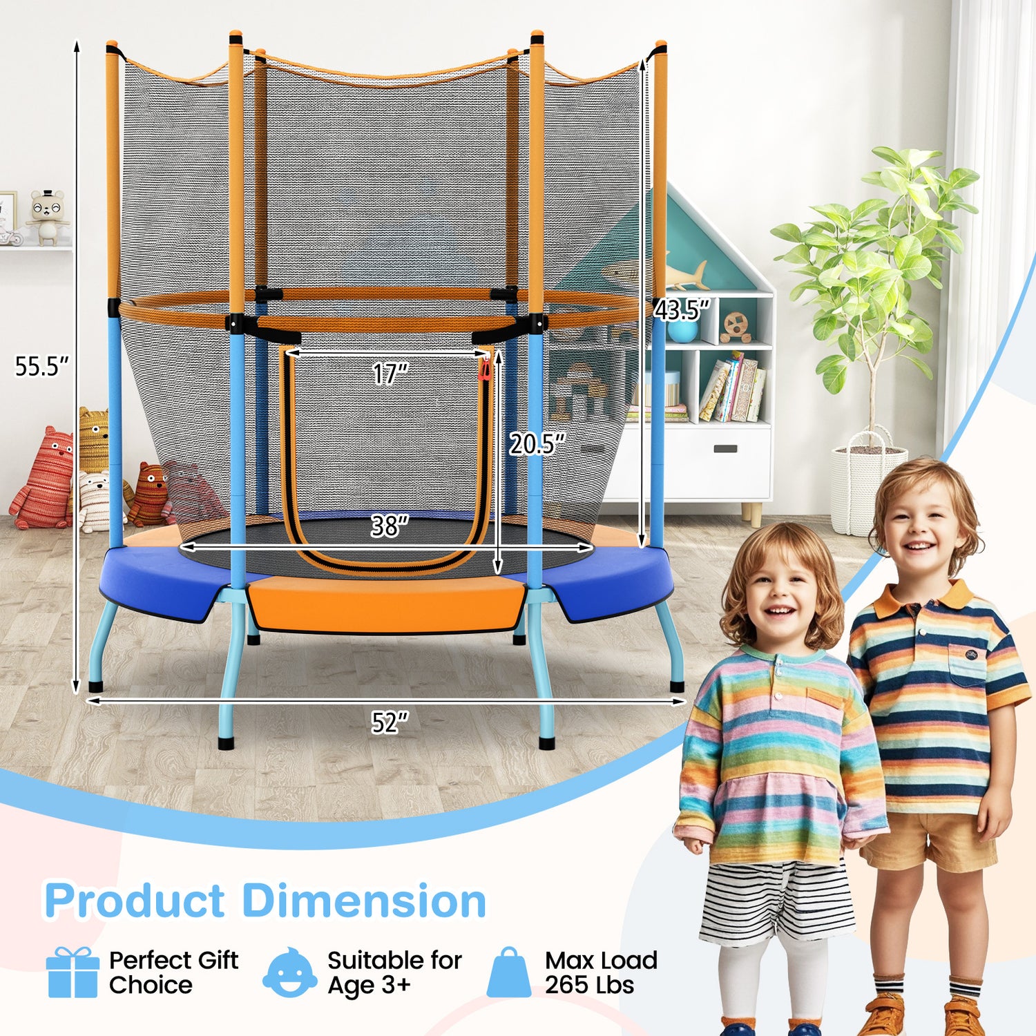 48 Inch Toddler Trampoline with Safety Enclosure Net-Orange
