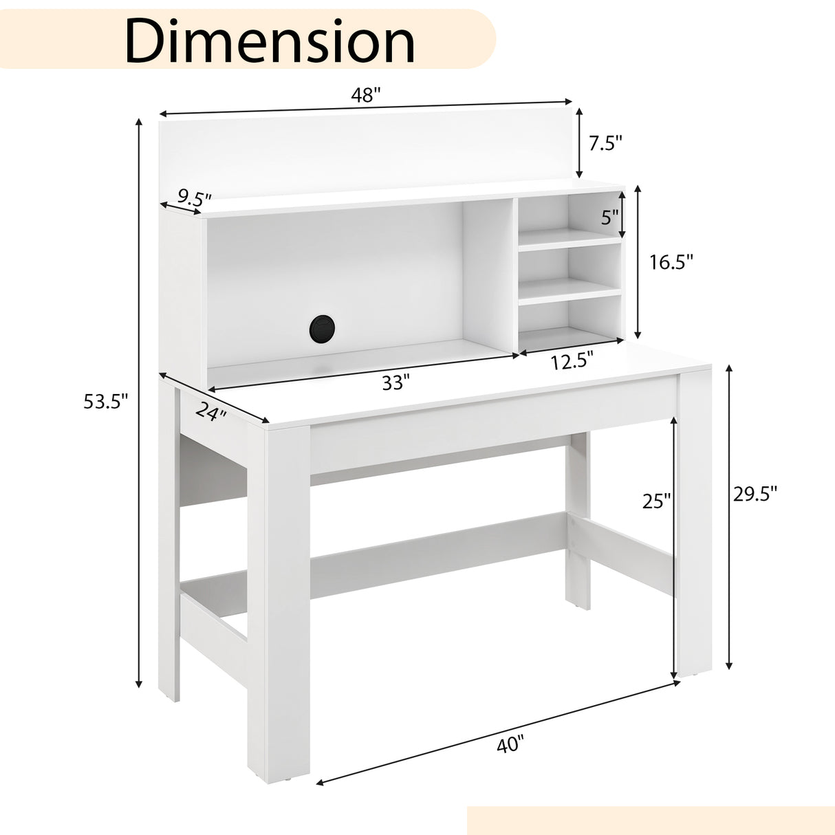 48 Inch Writing Computer Desk with Anti-Tipping Kits and Cable Management Hole-White