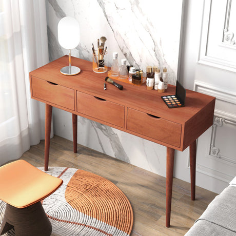 48 Inch Writing Computer Desk with 3 Drawers Solid Wood Legs-Walnut