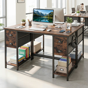 48 Inches Computer Desk with Power Outlet Home Office Desk with 4 Fabric Drawers-Brown