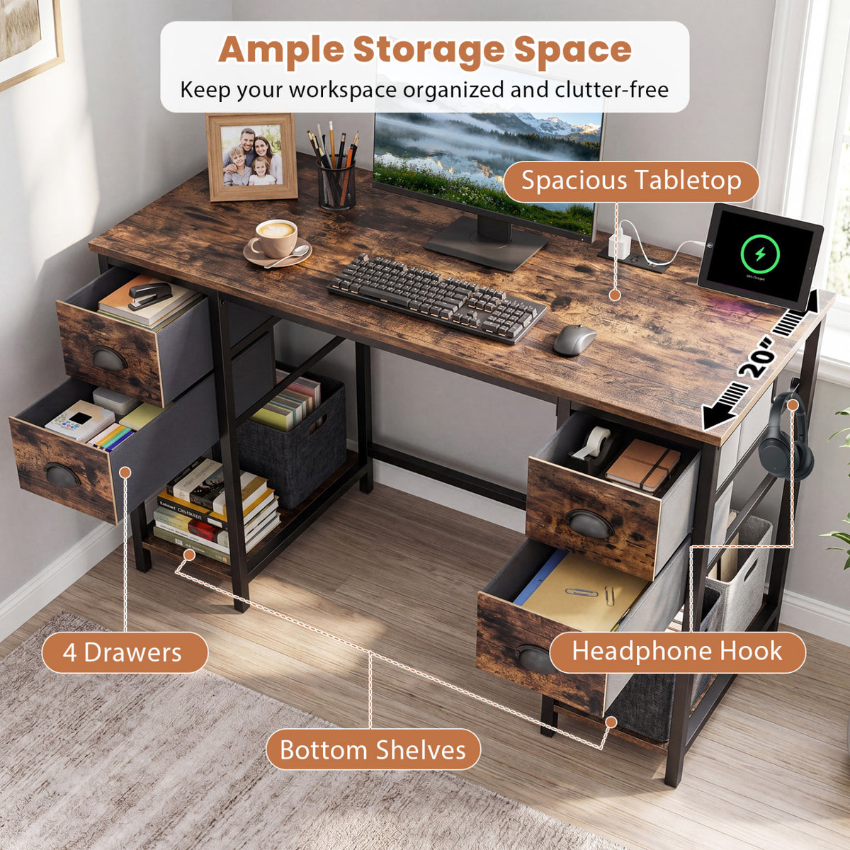 48 Inches Computer Desk with Power Outlet Home Office Desk with 4 Fabric Drawers-Brown