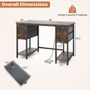 48 Inches Computer Desk with Power Outlet Home Office Desk with 4 Fabric Drawers-Brown