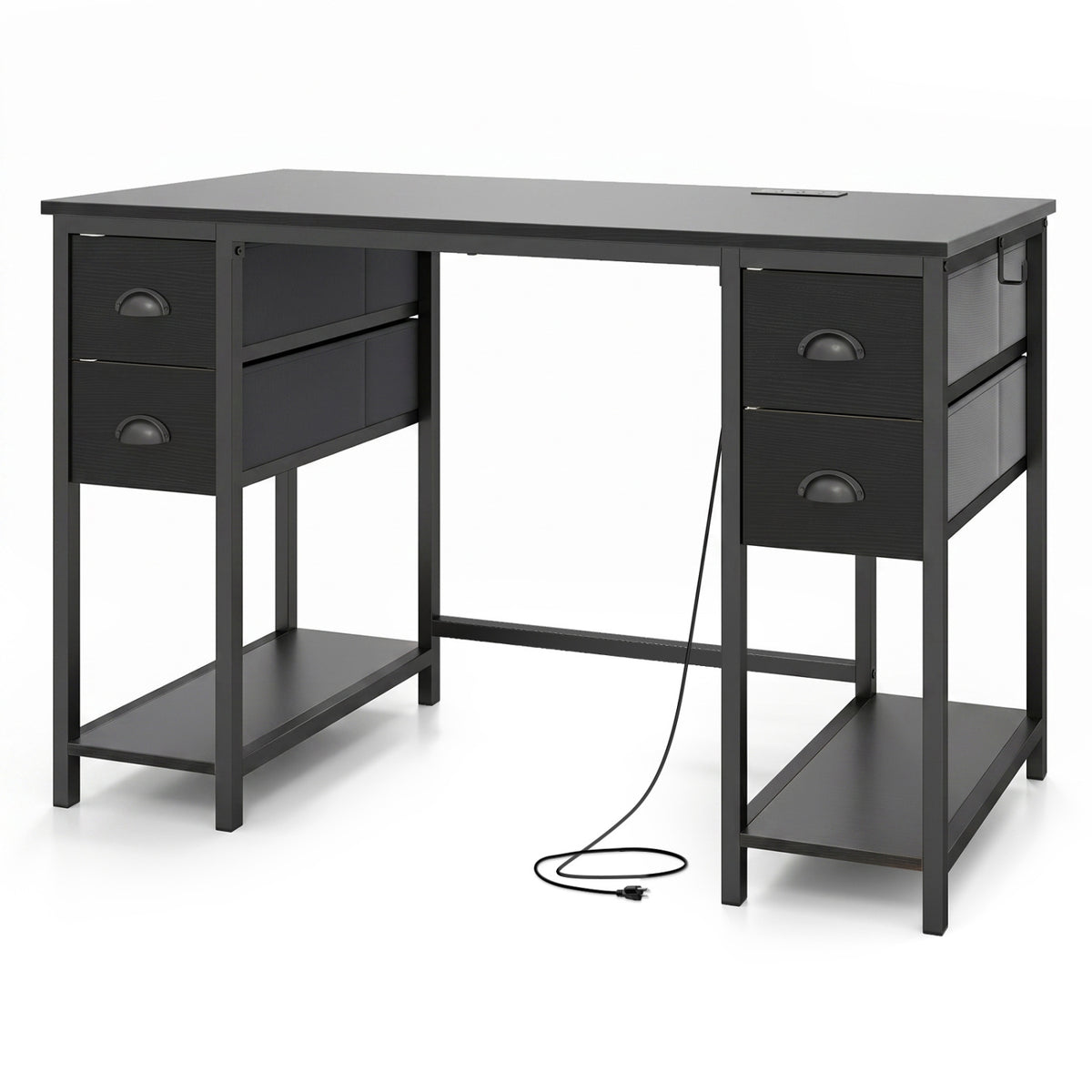 48 Inches Computer Desk with Power Outlet Home Office Desk with 4 Fabric Drawers-Black