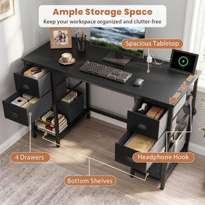 48 Inches Computer Desk with Power Outlet Home Office Desk with 4 Fabric Drawers-Black