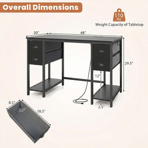 48 Inches Computer Desk with Power Outlet Home Office Desk with 4 Fabric Drawers-Black