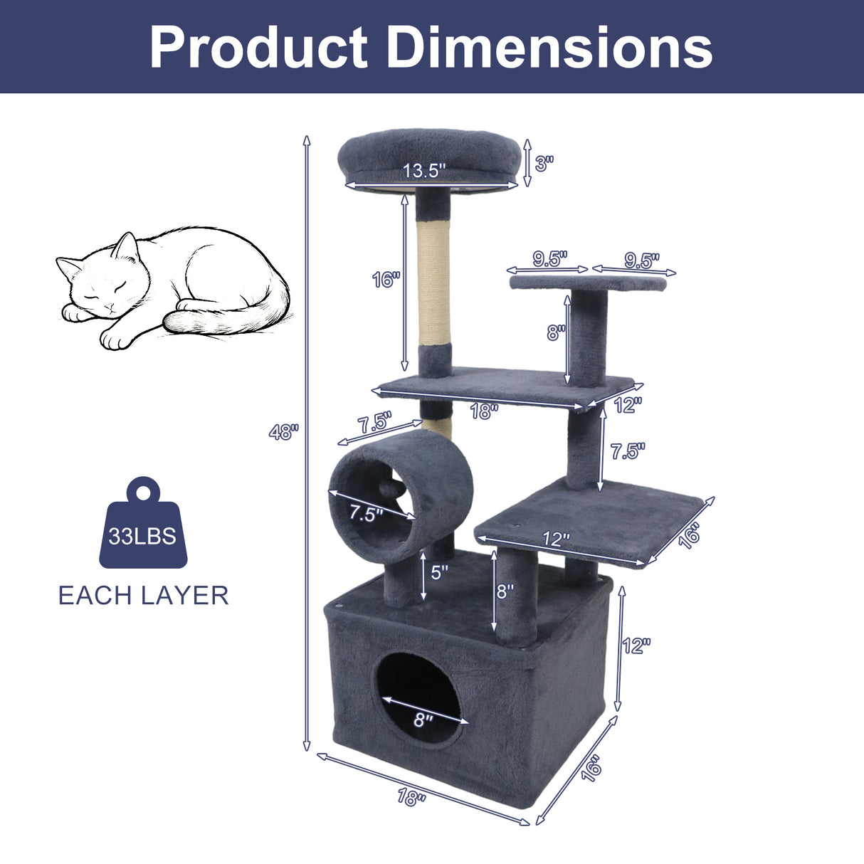48 Inches Tall Cat Tree Multi-Level Kitten Tower with Large Condo Padded Top Perch-Grey