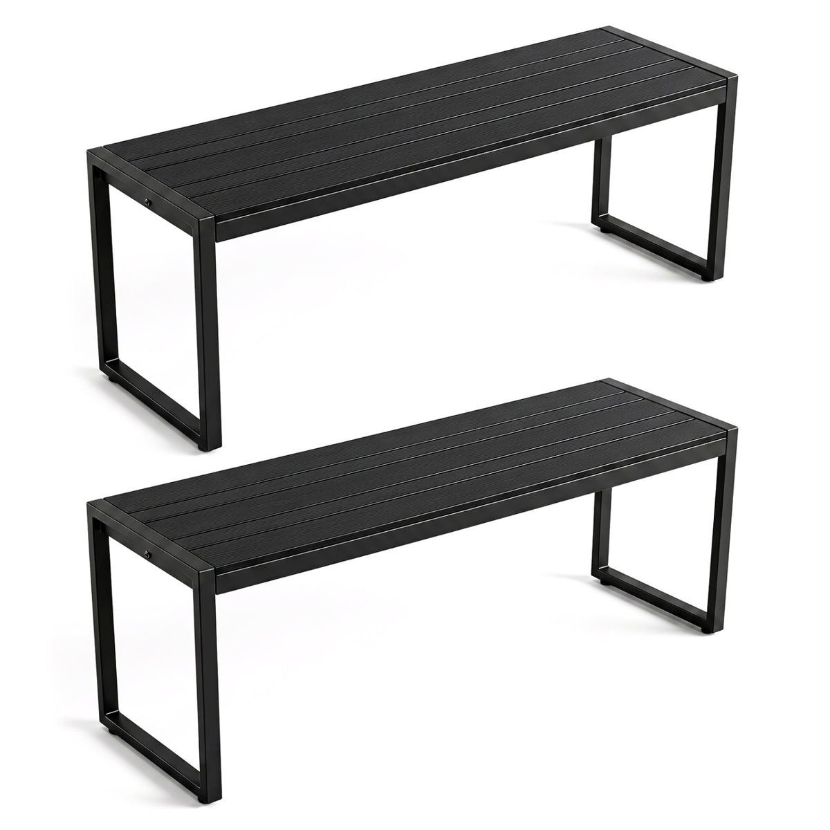 48" Outdoor Bench Set of 2 with Wood-Plastic Composite and Metal Frame Slatted Sea-Black