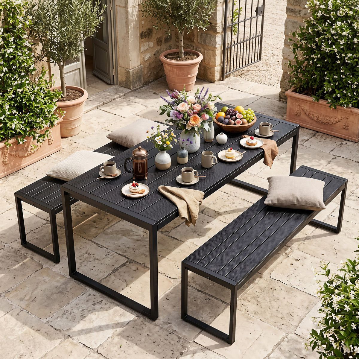 48" Outdoor Bench with Wood-Plastic Composite and Metal Frame Slatted Sea for Garden-Black