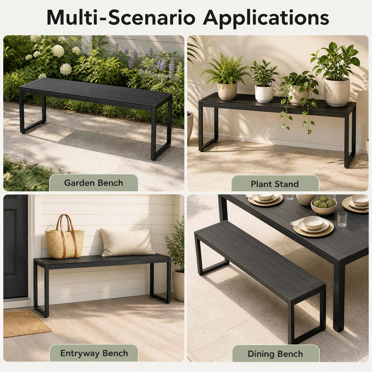 48" Outdoor Bench with Wood-Plastic Composite and Metal Frame Slatted Sea for Garden-Black